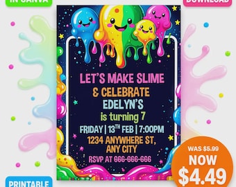 Slime Birthday Invitation Canva Template, Editable Printable Kids Party Invite, Neon Slime 5x7 Card