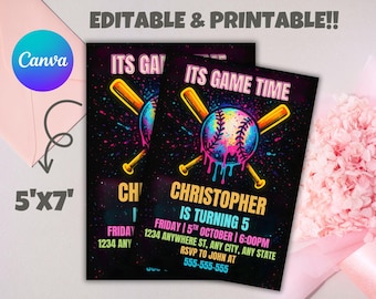 Editable Kids Birthday Invitation – Ice Cream & Baseball Party, Neon Drip, Printable 5x7" PDF/JPEG