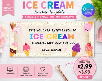Ice Cream Voucher for Kids, Editable Canva Reward Coupon Template