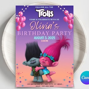 Editable Trolls Birthday Invitation: Poppy Party Invite (Digital)