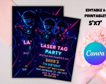 Neon Laser Tag Birthday Invitation, Editable Party Template (Digital Download)