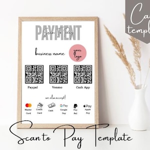 Bewerkbare sjabloon voor scannen om te betalen, afdrukbare QR-codescan voor kleine bedrijven, sjabloon 'Verbind met ons', betalingsbord, prijslijst productscan