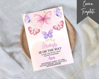 Editable Butterflies Baby Shower Invitation Template Purple Butterfly Shower Invite, Butterflies & Pink Flower Baby Girl Shower Canva Invite