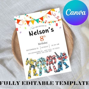 Sjabloon voor verjaardagsuitnodiging voor Rescue Bots Transformers, uitnodigingen voor verjaardagsfeestje, digitale kinderfeestje, bewerkbare sjabloon, jongens uitnodigen