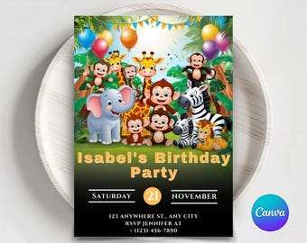 Safari First Birthday Invitation: Jungle Animals, Tropical Green (Digital Download)