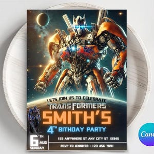 Editable Rescue Bots Transformers Birthday Invitation Template, Optimus Prime invite, Bumblebee invitation, transformers party