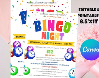 Bingo Night Flyer Template: Colorful School Fundraiser, Editable Canva (Digital Download)