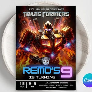Editable Rescue Bots Transformers Birthday Invitation Template, Optimus Prime invite, Bumblebee invitation, transformers party