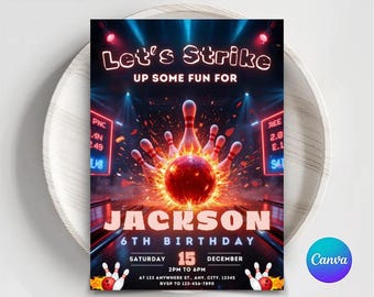 Verjaardagsuitnodiging bowlen: Strike Up Some Fun, bewerkbare canvassjabloon (digitale download)