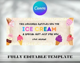 ice cream voucher, dessert tokens, wedding food voucher, birthday party voucher, ice cream token, editable gift voucher, kids gift car