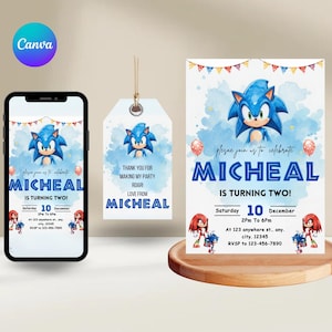 Convite de aniversário Sonic editável, convite de ouriço, convite de festa Sonic incrível, convites premium editáveis no Canva, convites para meninos e meninas