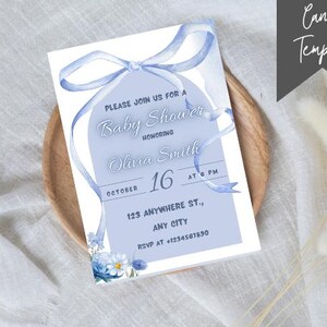 Editable Blue Bow Baby Shower Invitation, Baby Shower Baby Blue Watercolor Ribbon Invite Template, 1st Birthday Digital Canva Template