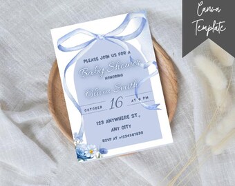 Blue Bow Baby Shower Invitation: Watercolor Ribbon (Digital Canva Template)