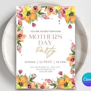Modèle d'invitation pour le brunch de la fête des mères MODIFIABLE, invitation à une fête des mères, invitation florale au petit-déjeuner pour la fête des mères, invitations pour mamans et mimosas