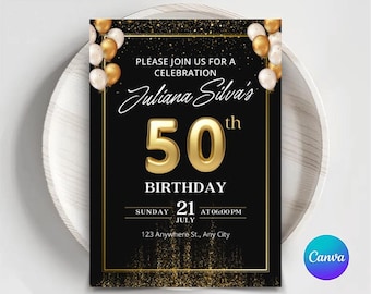 Black & Gold 50th Birthday Dinner Invitation, Elegant Adult Dinner Party Canva Template (Digital Download)