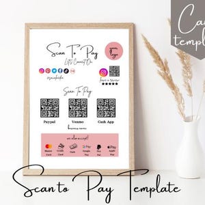 Bewerkbare sjabloon voor scannen om te betalen, afdrukbare QR-codescan voor kleine bedrijven, sjabloon 'Verbind met ons', betalingsbord, prijslijst productscan
