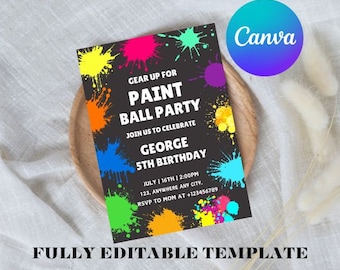 Editable Paintball Birthday Invitation Template, Printable Birthday Party Invitations, Digital Kids Party Invite, Bday Card