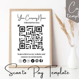 Bewerkbare sjabloon voor scannen om te betalen, afdrukbare QR-codescan voor kleine bedrijven, sjabloon 'Verbind met ons', betalingsbord, prijslijst productscan