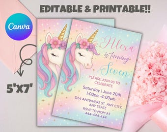 Unicorn Birthday Invitation Template, Editable Canva Invite, Girls Party Digital Download