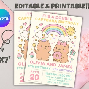 Capybara Birthday Invitation, cute pink Capy Birthday, preppy smile Teen Party, Animals Kid&#39;s Birthday girl Theme, Canva Editable Template