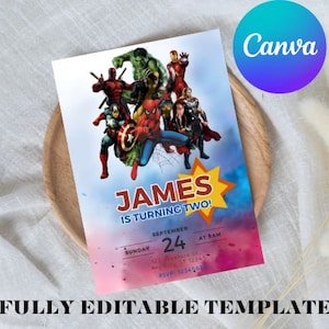 Convite editável de aniversário de super-herói, convite para festa de aniversário infantil, modelo Canva para download digital instantâneo