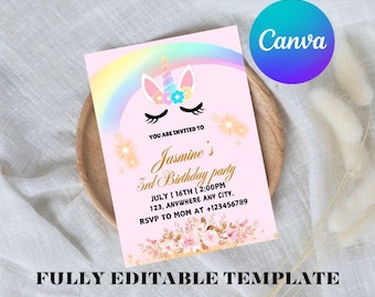 Unicorn Birthday Party Invitation: Pastel Rainbow, Editable Template