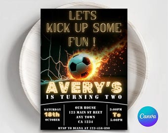 May include: A black and yellow birthday invitation with a soccer ball on fire. The invitation says "Let's Kick Up Some Fun! Avery's is Turning Two". The invitation includes the date, time, and location of the party.