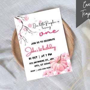 Pink Pumpkin First Birthday Invitation: Editable Canva Template