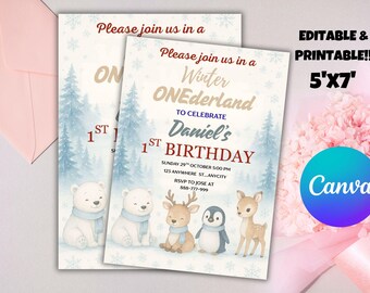 Winter Onederland 1st Birthday Invitation: Arctic Animals (Editable Canva)