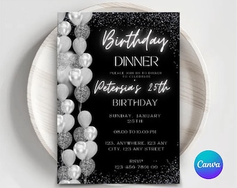 Balloon Birthday Dinner Invitation: Black and White, Editable Canva Template (Digital Download)