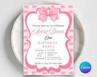 Pink Bow Birthday Invitation: Coquette Girl Party (Digital Download)