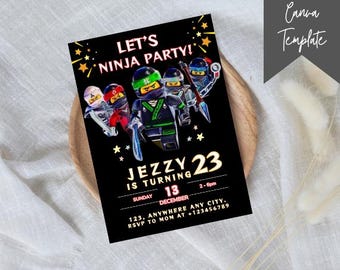 Editable Ninja Warrior Birthday Invitation Template, Printable Karate Boys Birthday Invites and Thank You Tag, Boy Ninja Birthday Party