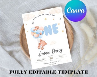 Teddy Bear Hot Air Balloon 1st Birthday Invitation (Editable, Instant Download)