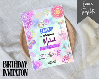 Glow Neon Pool Party Invitation: Tie Dye Birthday Template (Digital)