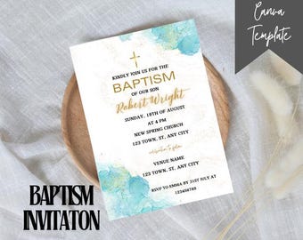 Editable Boy Baptism Invitation Template, Printable Modern Baptism Invite Christening Party Evite Watercolor Blue Gold Invite Canva Template