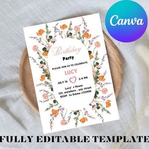 Flower Birthday Invitation Wildflower Birthday invite Floral Woman's Birthday Mother's day Invite CANVA EDITABLE Instant download