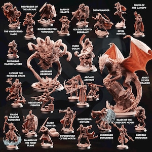 May include: A collection of miniature figurines, including a dragon, sorcerers, and warriors. The figurines are in various poses and feature intricate details. Text on the image includes "Professor of the Arcane", "Adult Silver Dragon", and "Blade of the Crescent Moon".