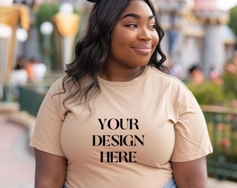 Theme Park Mockup Bella Canvas 3001 Mockup Beige Matching Family Shirts Mockup Cream Styled Shirt Mockup Vacation Mockup Model Mock-Up