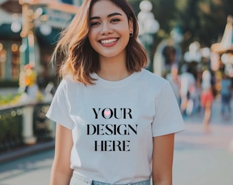 White Bella Canvas 3001 Shirt Mockup: Flatlay Outdoor Model (JPEG)