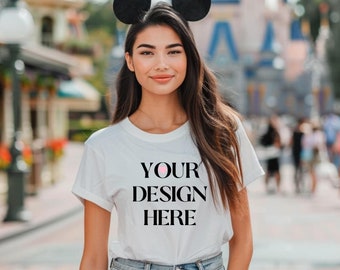 White T-Shirt Mockup: Theme Park Vacation Photo (Digital Download)