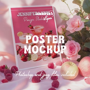 Cocktail Poster Mockup - Floral Art Frame for Bar Decor, Digital Download for Valentine's Day Party Decor - White Frame