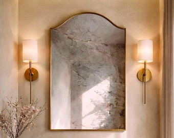 Vintage Arched Brass Mirror - Scalloped Decorative Wall Mirror for Bathroom Vanity - Handmade French Style Brass Frame