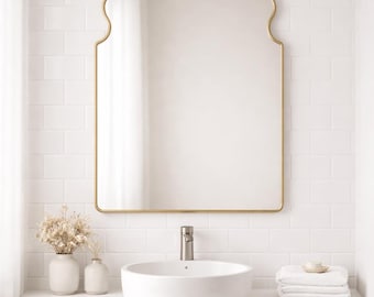 Italian Wavy Gold Mirror, Irregular Aged Brass Bathroom Wall Decor
