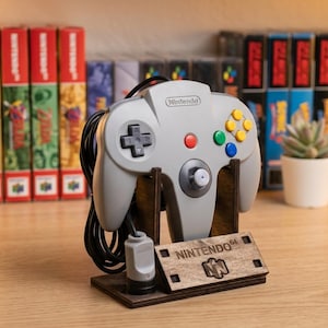 Nintendo 64 Controller Stand, Laser Engraved Poplar Wood Display for N64 Gamepad with Cable Holder, Retro Gaming Desk Setup Decor