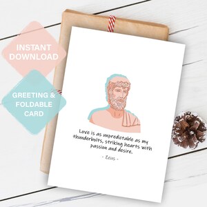 Tarjeta de felicitación personalizada con cita de amor de Zeus, descarga digital romántica con el dios griego, regalo perfecto de aniversario o cumpleaños para él/ella