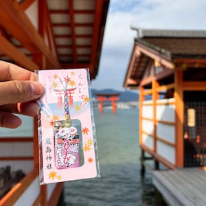 May include: A pink Japanese omamori charm with a bell and a decorative design, held in front of a scenic view of water and traditional Japanese architecture. The charm has Japanese text and a small illustration.
