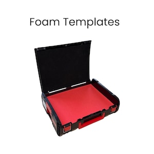 May include: Open black case with red interior and a red handle. The text "Foam Templates" is displayed above the case. The case is designed to hold and protect items.
