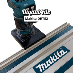 Pode incluir: Um roteador Makita DRT52 azul-petróleo e preto com uma base transparente é mostrado. O roteador está posicionado acima de um trilho guia prateado e azul-petróleo. As palavras "Digital File" e "Makita DRT52" são exibidas na imagem.