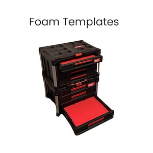 May include: Black and red multi-drawer storage unit with the text "Foam Templates". The unit has multiple drawers, some open, revealing red interiors. The unit is designed for tool storage and organization.