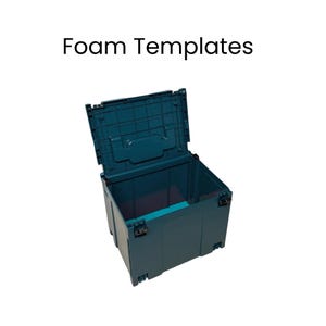 May include: A teal plastic storage container with the lid open, revealing the interior. The container has a rectangular shape with a handle on the lid and metal clasps. The text "Foam Templates" is at the top.
